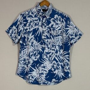 Ralph Lauren Blue White Tropical Floral Linen Short Sleeve Button Up Shirt M